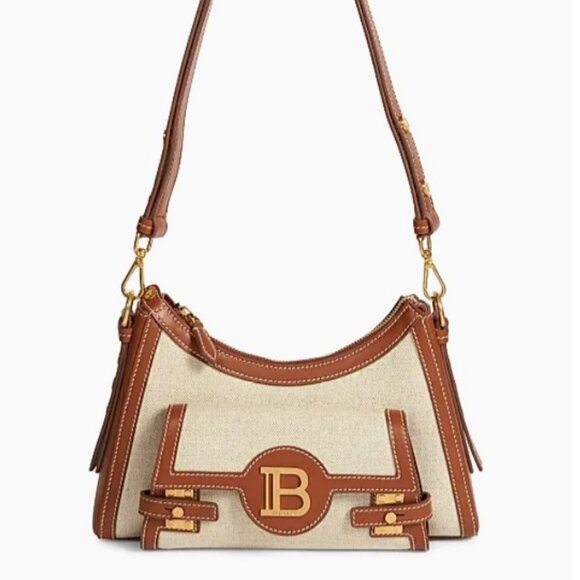 Balmain  B-Buzz Canvas & Leather Shoulder Bag Natural / Camel - Picture 5 of 14